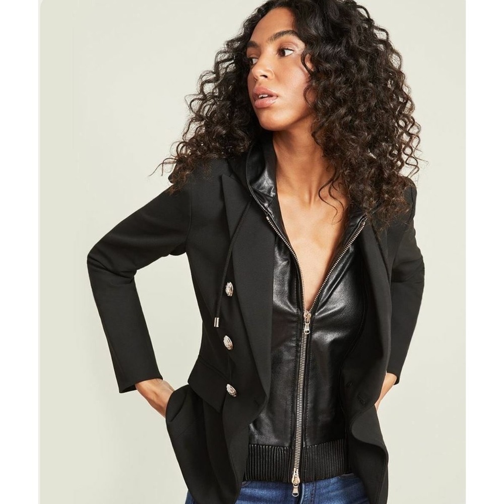 Veronica Beard Faux-Leather Hoodie Dickey Black O/S Chic Sexy Edgy Versatile